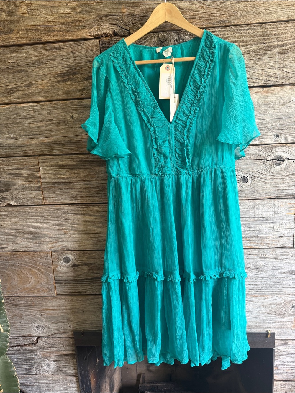 Sundance Teal V-Neck Flutter Sleeve Tiered Dress